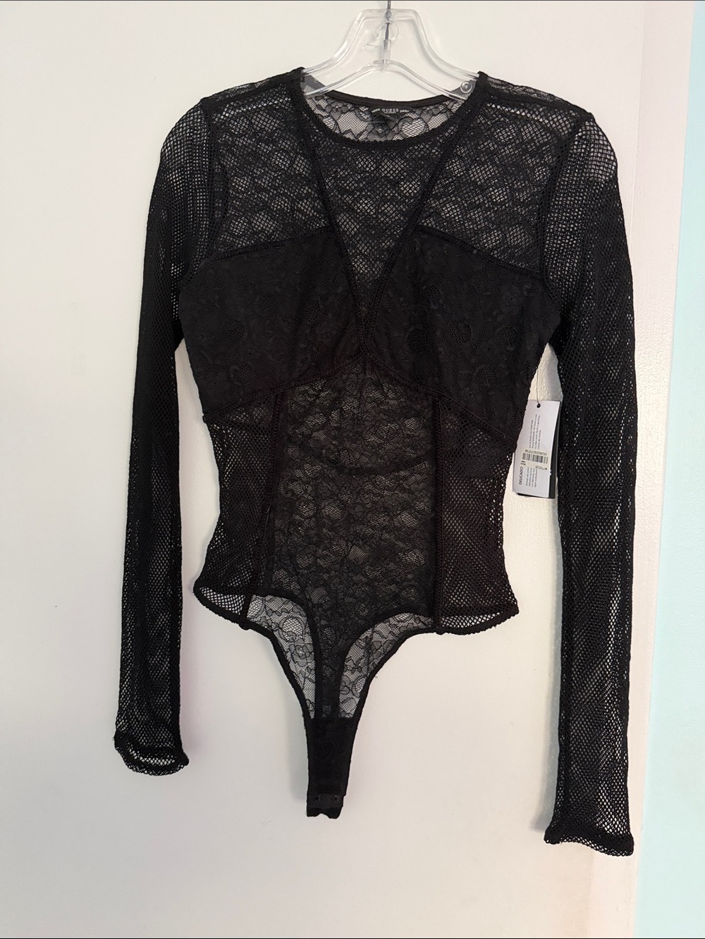 GUESS Black Lace & Mesh Long Sleeve Bodysuit